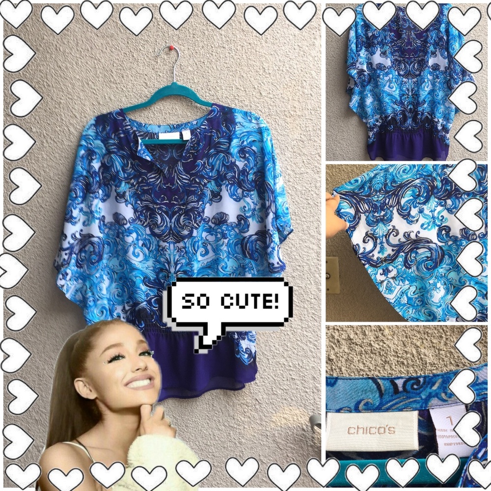 Chico’s SZ 1 Blue V-Neck Short Sleeve Blouse Tunic